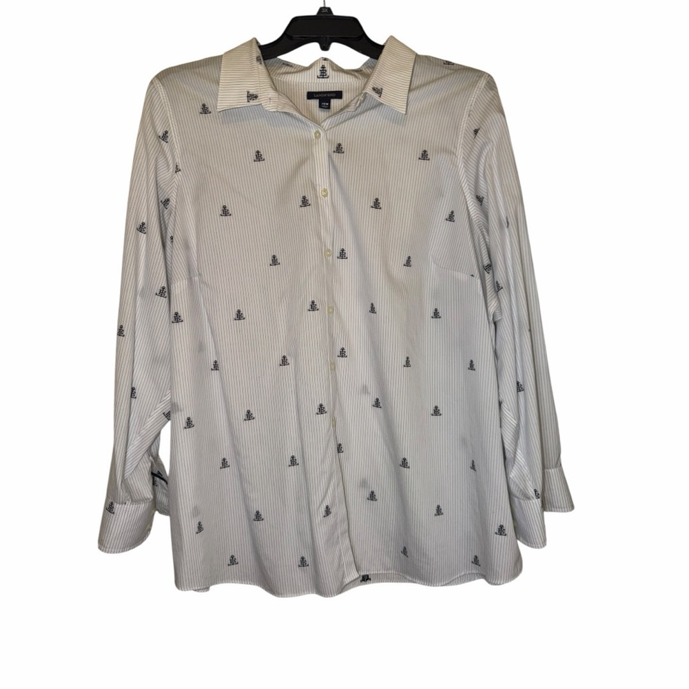 Lands' End White Nautical NWOT Button-Up Shirt with Navy Pinstripes